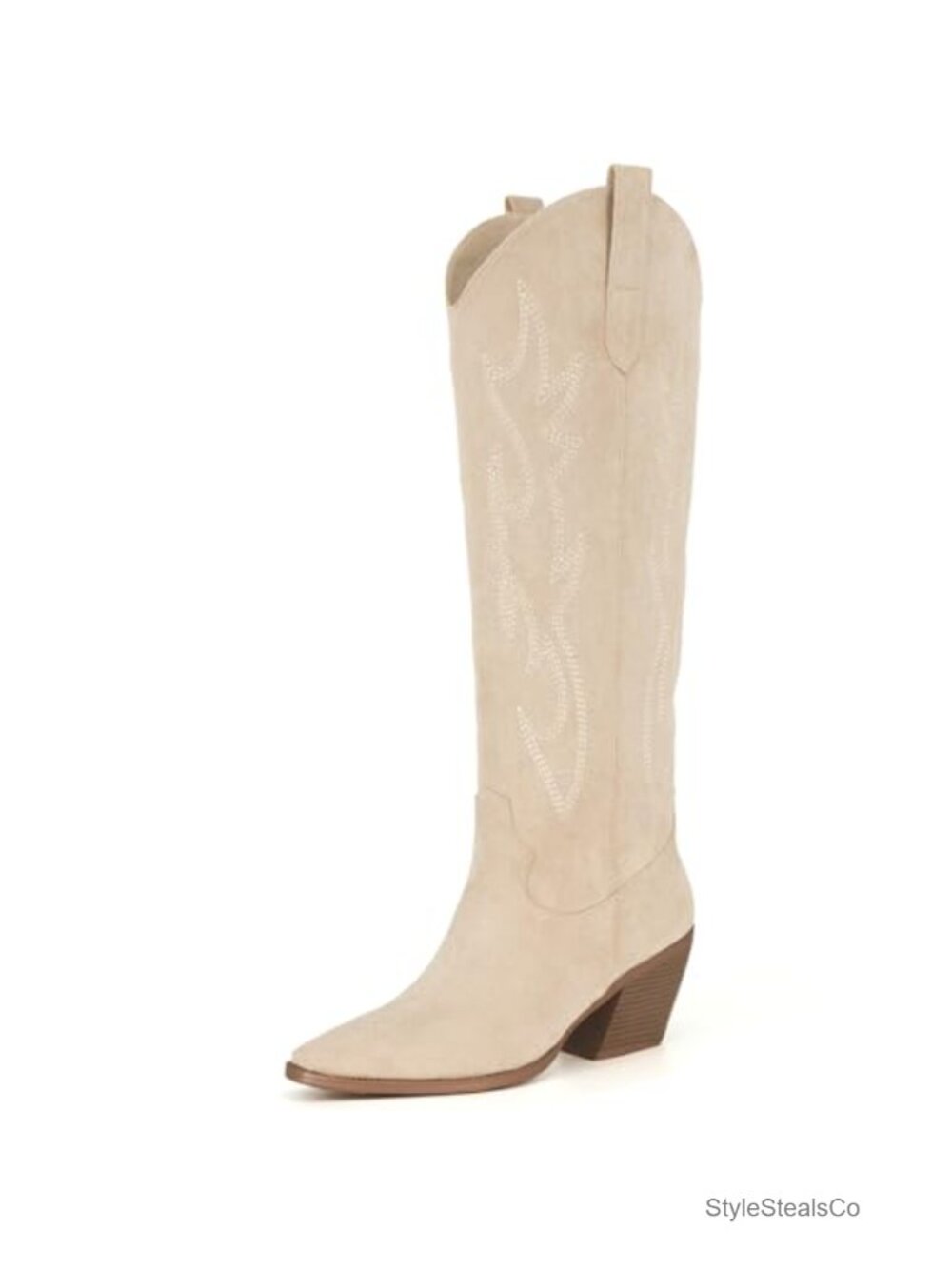 Knee High Cowboy Boots Pointed Toe Block Heel Faux Suede Embroidered Western
